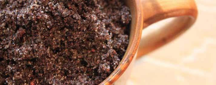 From Indian Beauty Spot Ground coffee Coconut oil Step 1: To make a natural homemade coffee scrub take 2 tsp of ground coffee ( not instant coffee) in a bowl and extra virgin coconut oil to make it