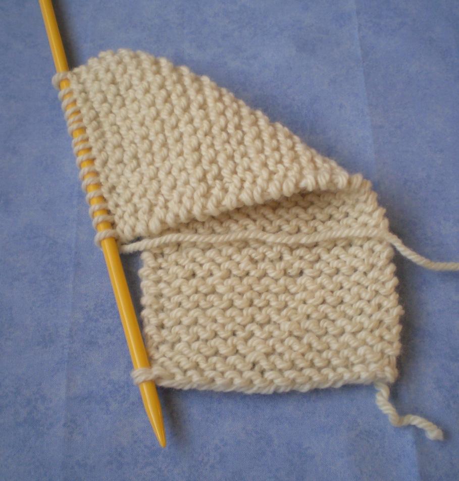 Keeping the yarn at the back of the work, insert the needle into the left hand edge of the cast on row as shown above.