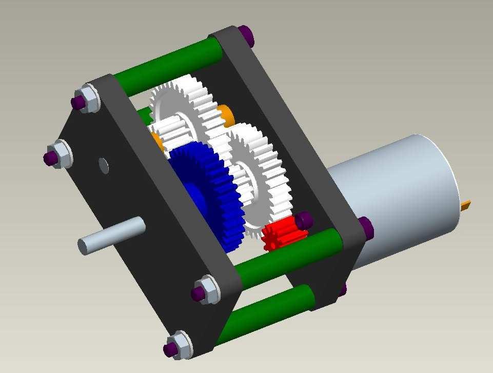 Part II Parts - Worked Examples 4 Startup Figure 4: Complete Gearbox This section is a guided tutorial to produce models of various parts of the gearbox shown in figure 4 and then assemble them.