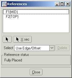 Reference Menu window is displayed which lists the entities that have been choosen as default references and indicated in the sketching window by brown dash-dot-dot lines.