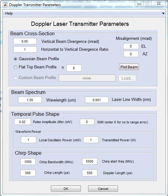 20 Fig. 3.4: Transmitter parameters GUI. beam footprint covering a cliff edge or the edge of a boulder along with the ground below are two examples of what would cause multiple returns.