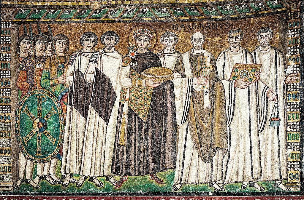Figure 9-13 Justinian, Bishop Maximianus, and attendants, mosaic on the north wall of the apse, San