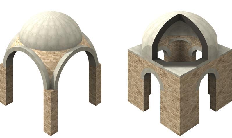 Squinch Penditive Dome on pendentives (left) and on squinches (right).
