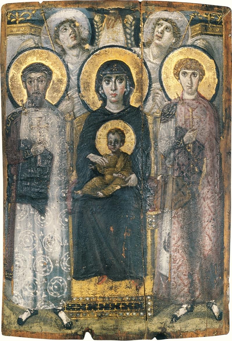 Virgin and Child between Saints Theodore and George, icon, sixth or early seventh century. Encaustic on wood, 2 3 X 1 7 3/8. Monastery of Saint Catherine, Mount Sinai, Egypt.