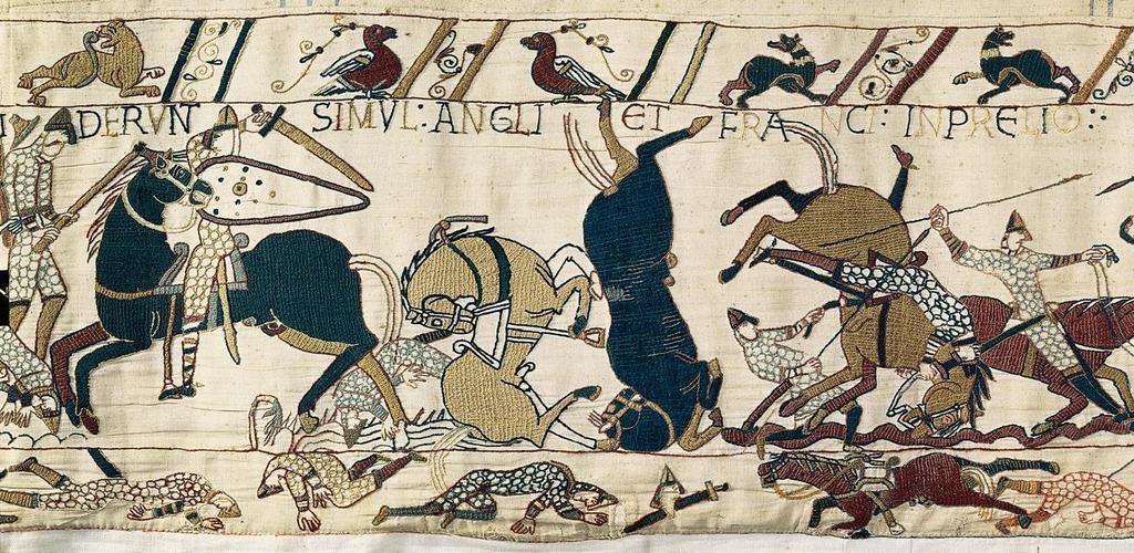 Funeral procession to Westminster Abbey (top) and Battle of Hastings (bottom), details of the Bayeux Tapestry, from