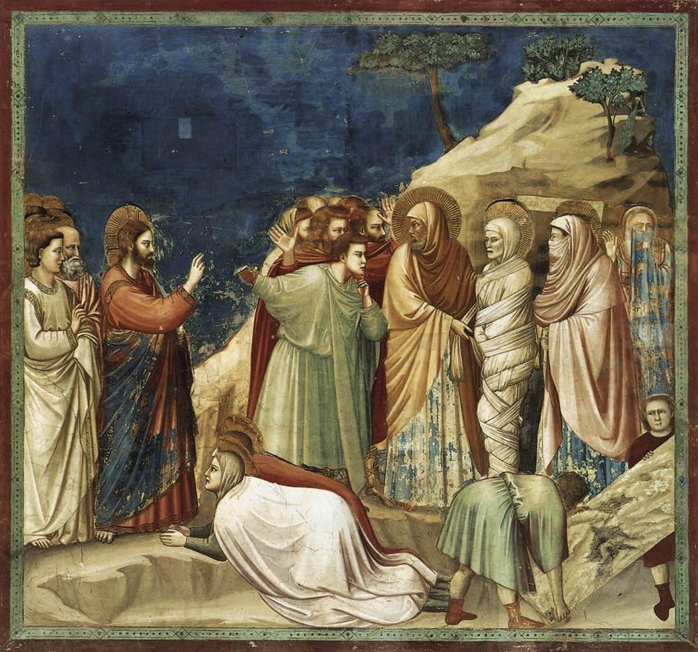 Giotto Christ Raising Lazarus from the Dead 1305 Padua Chapel Note the landscape, time of day, 3- dimensional human forms, actual humans are portrayed of different sexes, ages, hair styles, etc.
