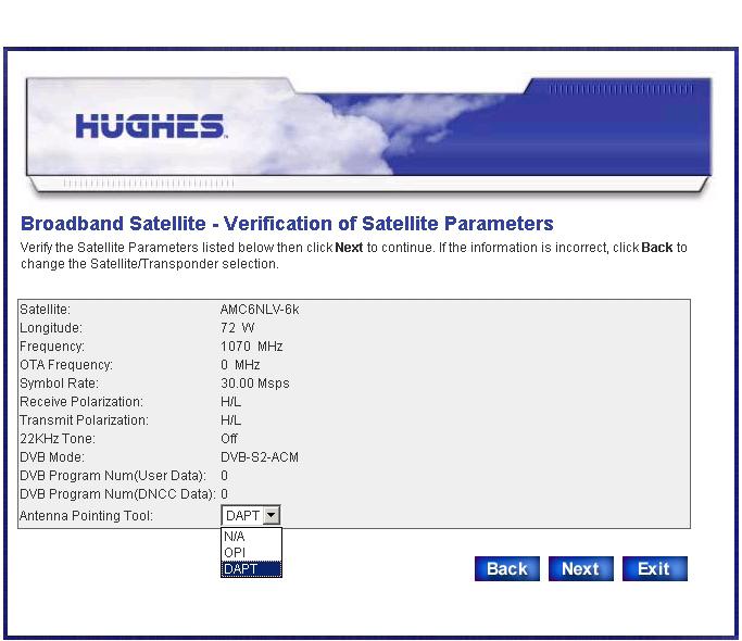 Commissioning the satellite modem Chapter 4 Figure 19: Verifying the satellite parameters screen 3. Verify that the displayed information is correct and click Next.