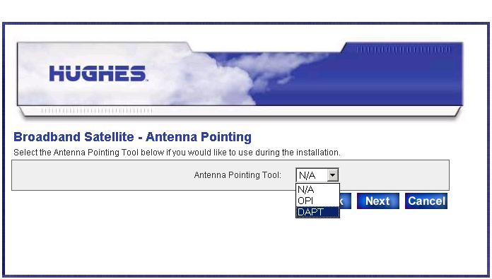 Commissioning the satellite modem Chapter 4 The modem saves the parameters and reboots. Manually accessing the antenna pointing screens To manually access the antenna pointing screens. 1.