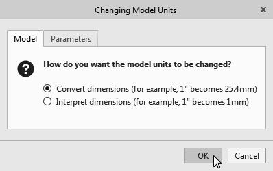 7. In the Changing Model Units dialog box, click on the OK button to accept the default option to change the units.