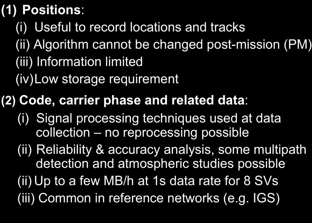 Processed Data Limitations (1) Positions: (i) Useful to record locations and tracks (ii) Algorithm cannot be changed post-mission (PM) (iii) Information limited (iv) Low storage requirement (2) Code,