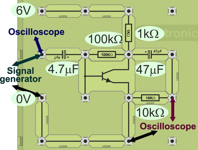 Connect the input to a signal generator, set to output a signal of amplitude 50mV and frequency 1kHz. Connect a dual-channel oscilloscope to display the input and output signals.
