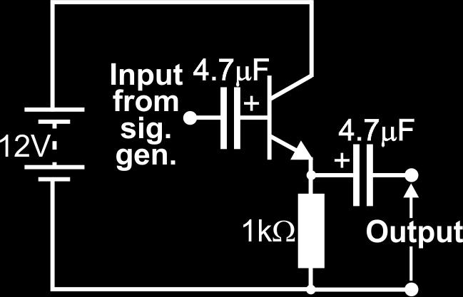 ) Set the DC power supply to 12V. Connect the input to a signal generator, set to output a signal of amplitude 3V and frequency 1kHz.