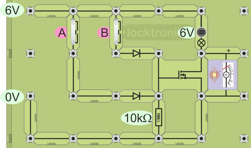 Build the circuit shown. A possible layout is given below. A voltmeter has been added to indicate the output state of the MOSFET.