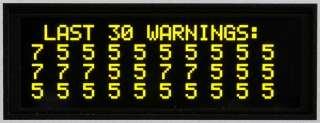 Use UP or DOWN button to select Warnings. Press ENT to see warning numbers or letters (see the table in chapter 6). Press ESC to go back to the Service menu.