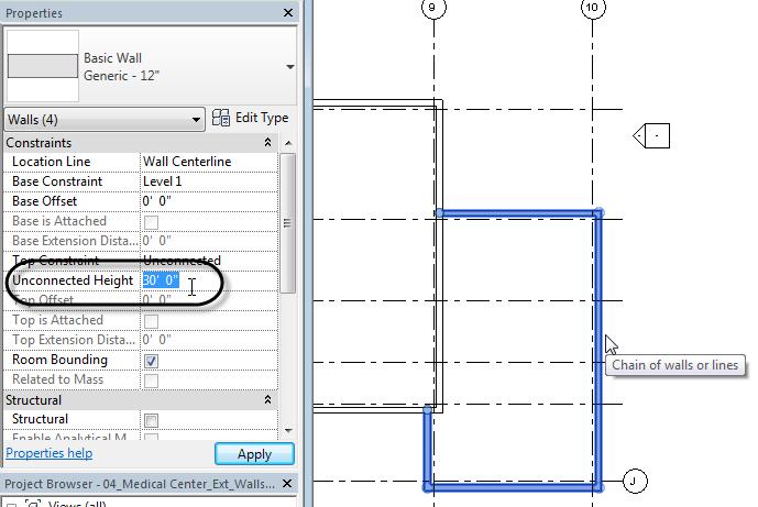 Adjust Heights We can adjust the heights of the exterior walls on the Properties palette. To do this, we want to select several walls at once. (Be sure to practice the methods just mentioned.