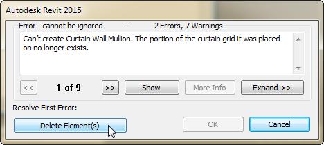 3. On the Modify Walls tab, on the Modify Wall panel, click the Attach Top/Base button. 4. Click the extrusion wall we just created. An error will appear indicating that mullions cannot be created.