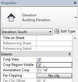 Now that we have the toposurface, the elevation extents are larger. Let s crop the view. 2. On the Properties palette, beneath Extents, check both Crop View and Crop Region Visible. 3.