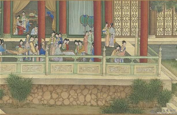 Journeying from Past to Present: A Life of Refined Tastes Imitating Ch iu Ying s Spring Morning in Han Palace by Leng Mei Qing Dynasty Handscroll Silk 33.4 x 800.