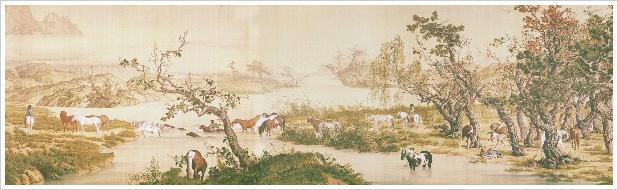 Contemporary Interpretation of an Old Masterpiece Hundred Horses by Giuseppe Castiglione Qing Dynasty Handscroll, ink and colors on silk, 94.5 x 776.