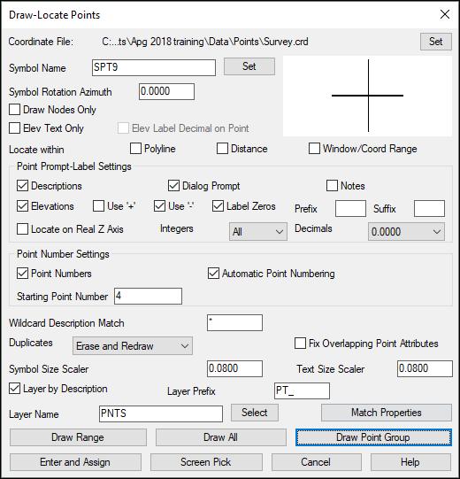Chapter: Working with Points Many of the settings within the Draw-Locate Points dialog box are already set to the choices you made in the Point Defaults dialog.