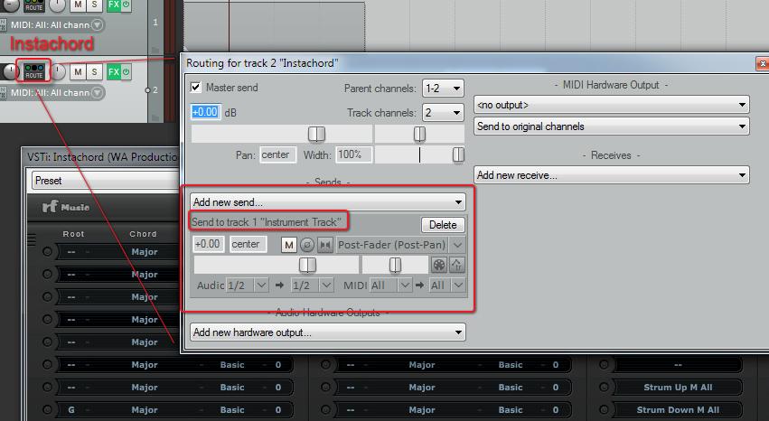 Example 5 - Reaper Insert instachord as a new instrument and change the MIDI send