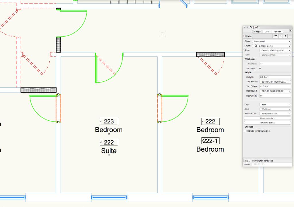 Select a new door style from the Resource Manager (or select the Door tool) and insert the new door in an existing wall, using a demo wall style and modifying the height to accurately show the extent