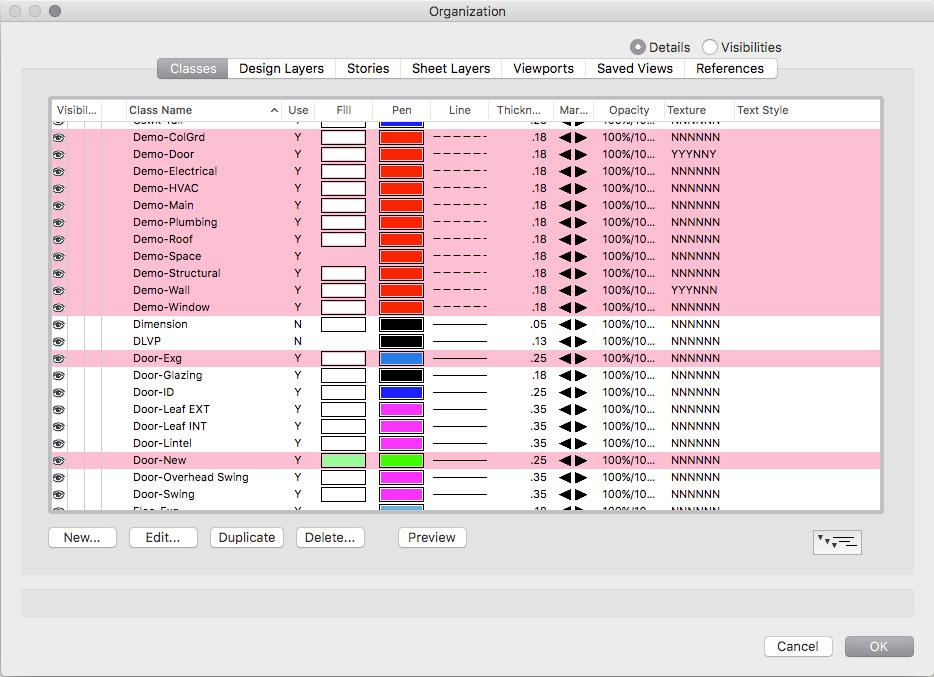 FIGURE 17 Added design layers showing existing, demolition, and new In the Organization palette, select the Classes tab.