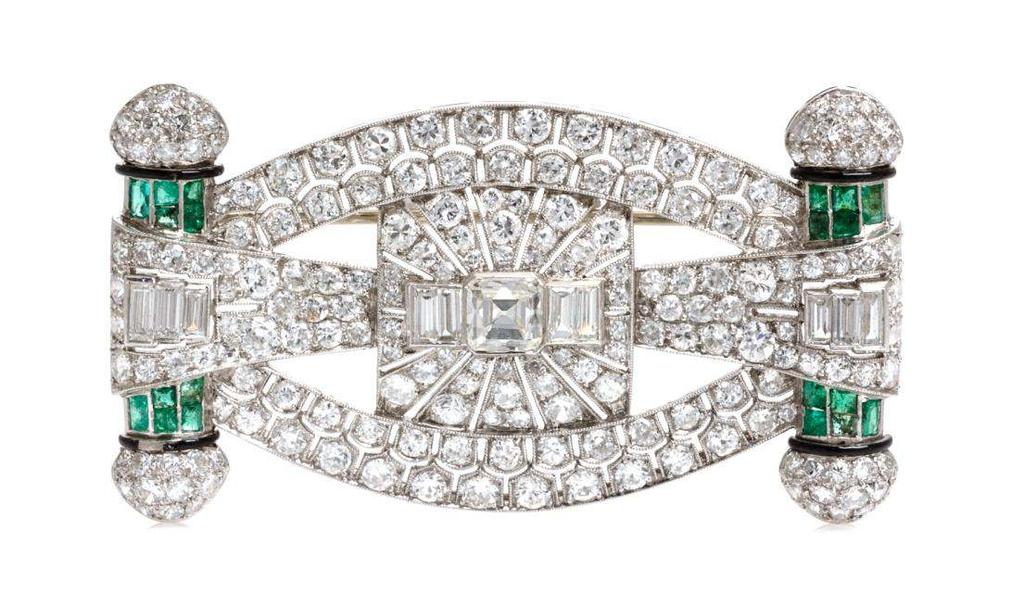 Sale 394 Lot 54 An Art Deco Platinum, Diamond, Emerald and Enamel Brooch, Tiffany & Co.