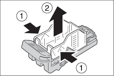 4: Pinch both side of the empty stapler case with your finger (1),and remove the stapler case from