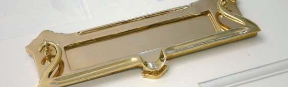 Postal & Art Deco Letterplates 83544 (Postal Letterplate) Postal Letterplate 83544 polished brass Overall Size: 300mm x 115mm Opening Size: 204mm x 40mm Fixing Centres: 250mm A decorative letterplate