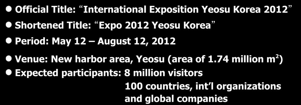 Introduction Overview of EXPO 2010 Yeosu Korea Official Title: International Exposition Yeosu Korea 2012 Shortened Title: Expo 2012 Yeosu Korea Period: May 12