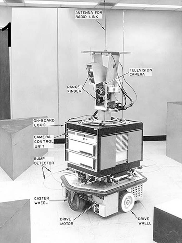 First AI Robot - Shakey developed 1966-1972 at Stanford Research Institute (SRI) moved boxes in an office environment by