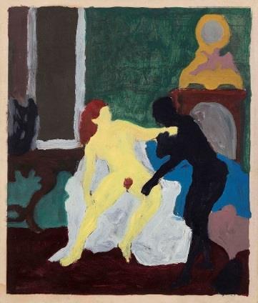 verso, on stretcher: 52 x 62 1/4 + Bob Thompson (1937-1966) La Femme Dans La