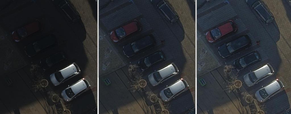 Figure 7 illustrates the radiometric performance with the help of a high contrast subarea of Figure 6. Dark cars in hard shadows as well as bright cars in the sun are visible.