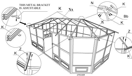 Step : 1. Attach roof rafters (L) to the central hub (N) using bolt (Bb). (Caution: hub may be heavy, use support if needed) 2.