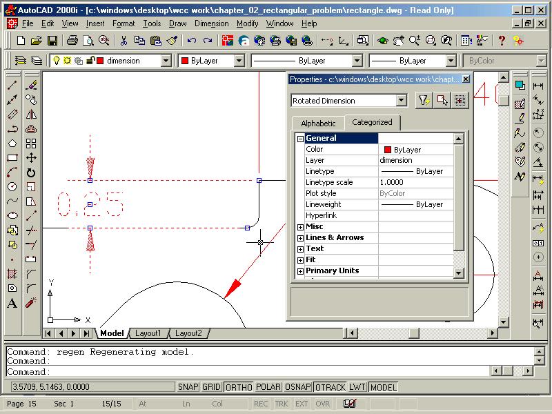31 An angular dimension Using the Properties Tool to Modify a Dimension Variable Select the Properties tool on the Standard toolbar and select the 0.25 dimension.