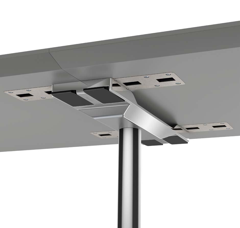 The connecting element of one table leg takes both tops, solidly locking each with the other.