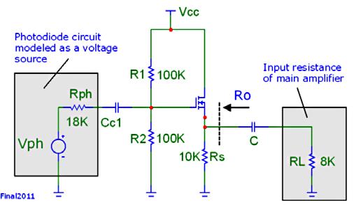 Question 7 The circuit shown is the input buffer of the IR receiver you built in the final lab, and R L is the input resistance of the next amplifier in the chain.