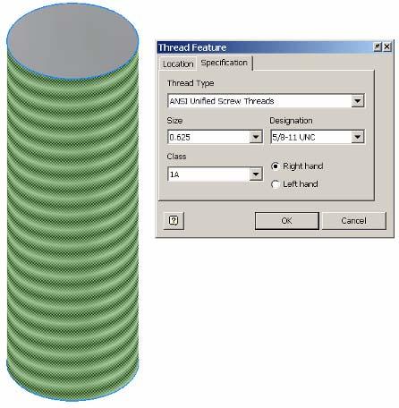 Thread Click on the face of the cylinder The thread function allows the user to simulate the appearance of threads on the curved surface of either a cylinder or a hole.