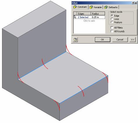 Fillet Place fillets on these edges by selecting them Fillet is a function that allows the user to create a rounded edge where two surfaces meet to form an edge.