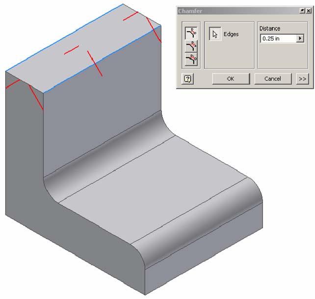 Open the file called Fillets Chamfers. Use the fillet function to apply a.25 radius to the corners shown above. This model will be used in the next exercise.