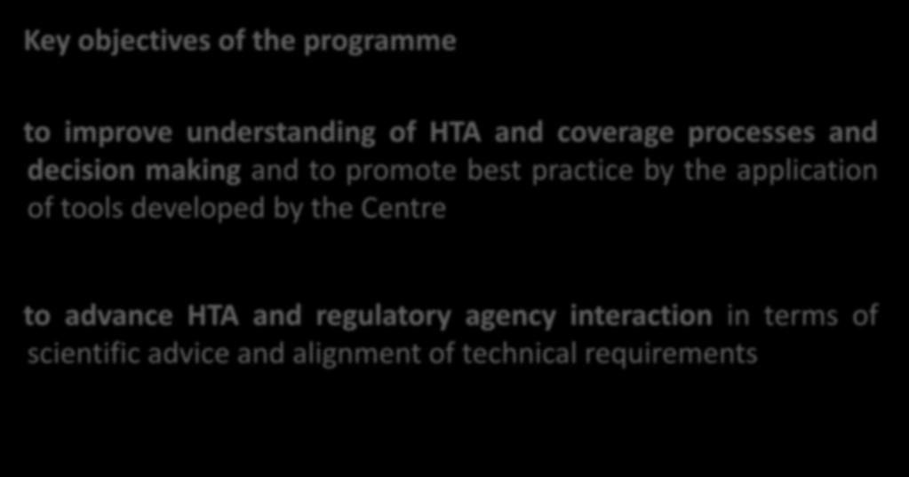 the application of tools developed by the Centre to advance HTA and regulatory