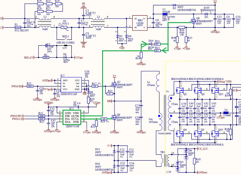 Introduction Figure 3 shows part of the schematic in the middle of the board, where EiceDRIVER TM 2EDN7524F (IC2) gate driver is used to drive low-side TO-220 600 V CoolMOS TM P7 SJ MOSFET (Q8) on