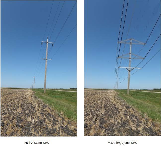 Figure 14: Compacted HVDC transmission with insulated cross arms compared with a conventional 66 kv AC roadside feeder. Note the shield wires beneath the active conductors for the HVDC transmission 2.