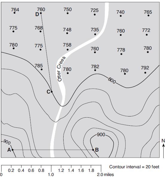 18. Base your answer to the following question on the map below, which shows elevations in feet at various points.