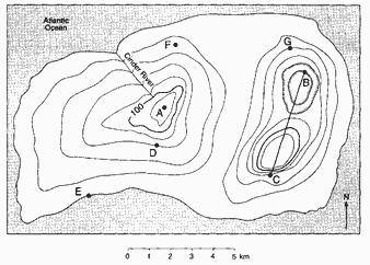 10. Base your answer to the following question on " the contour map of an island below.