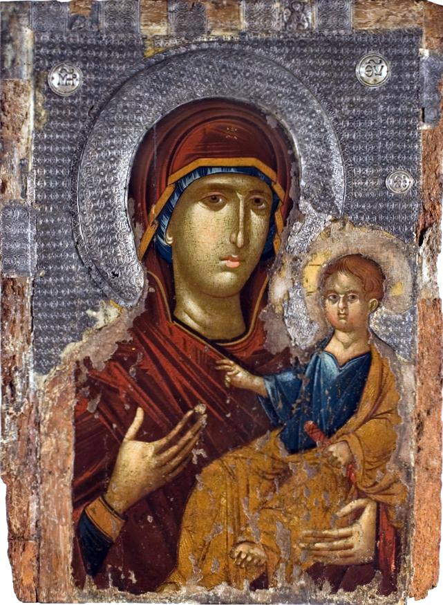 Theotokos Hodegetria, 14 th century icon, unkown painter, National Museum of Serbia [Public domain],