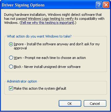 About Driver Signing Options The Driver Signing window lets you select whether Windows should block the installation of an unknown driver,