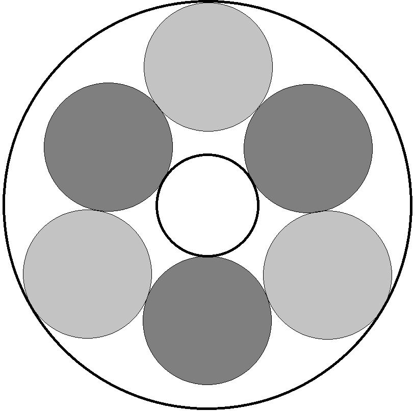 Problem 18 Two concentric circles have radii 1 and 4. Six congruent circles form a ring where each of the six circles is tangent to the two circles adjacent to it as shown.