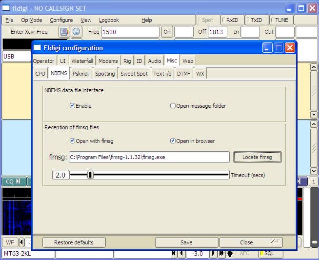 Setup and Configuration FLDIGI Configure NBEMS as shown.